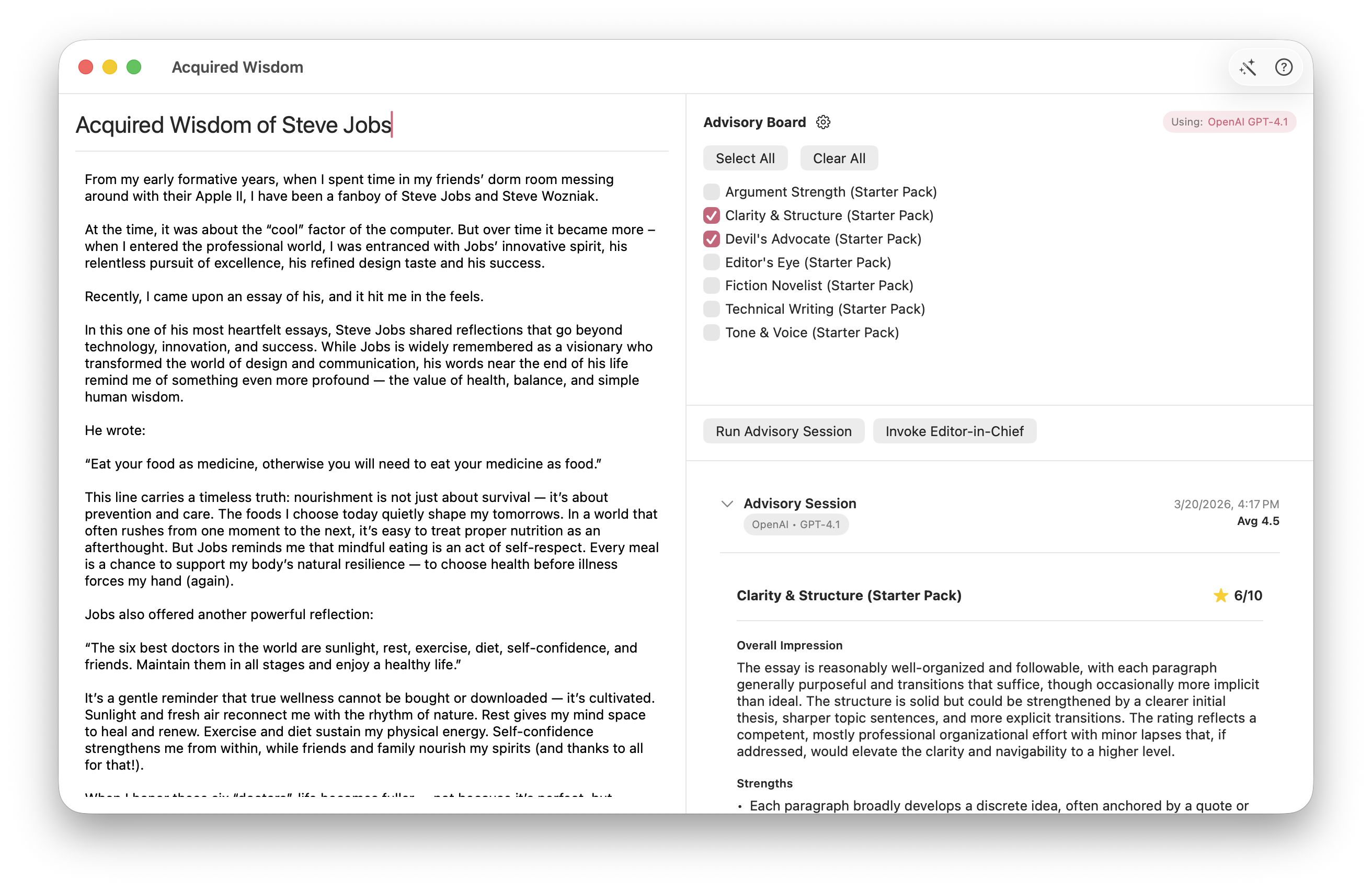 Eddie document window showing advisory feedback and scores