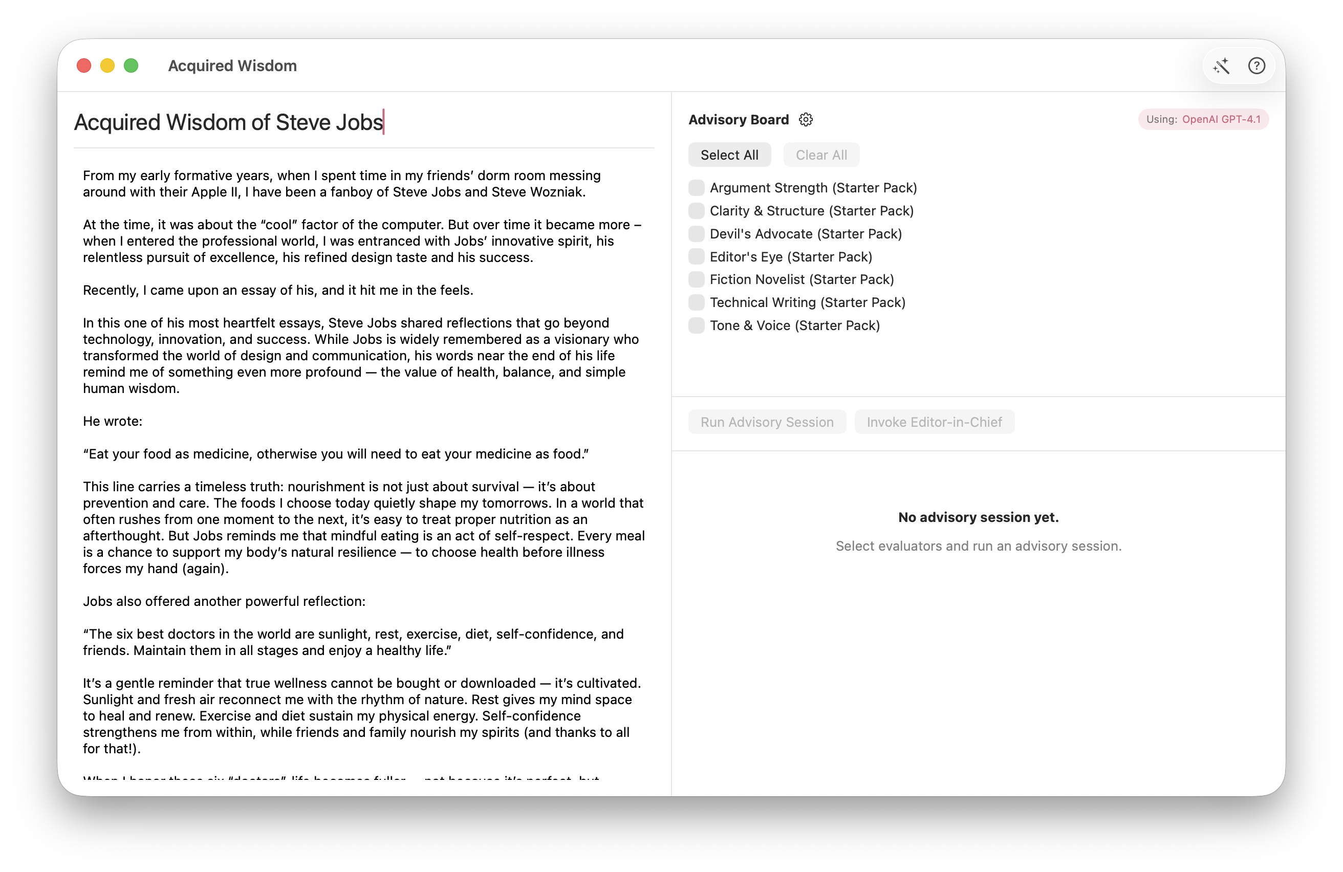 Eddie document window with the Advisory Board ready to run