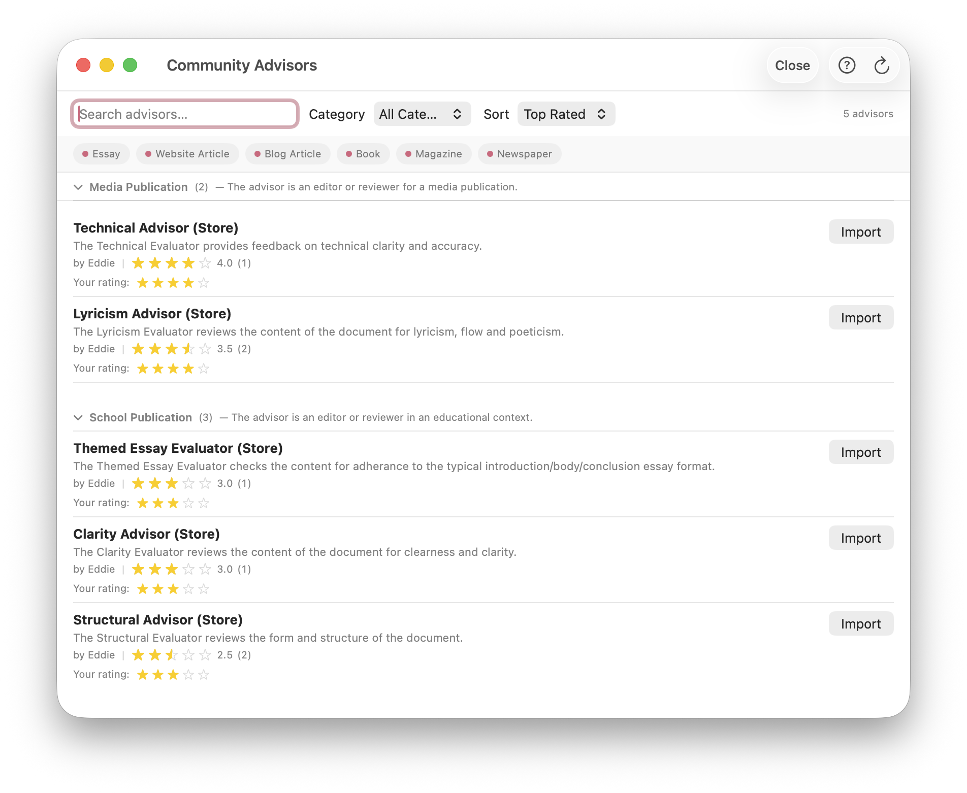 Community Advisors browser showing shared advisors with ratings